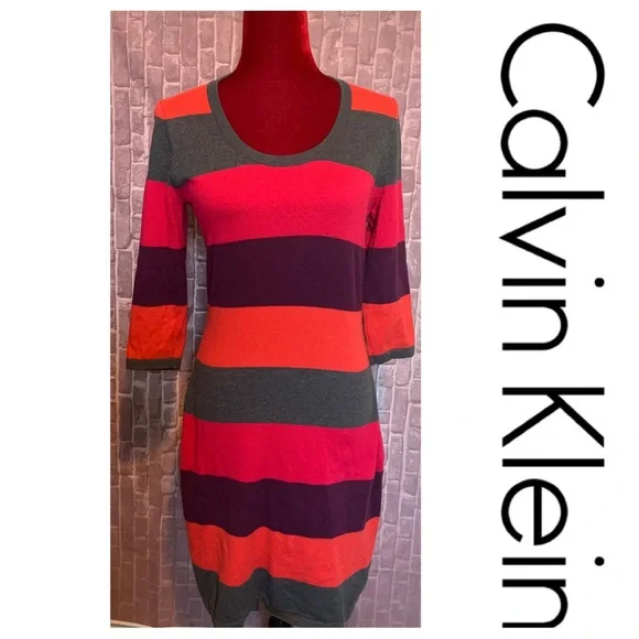 Calvin Klein | Dresses | Pinkorangegrey Stripe Knit Sweater Dress | Poshmark
